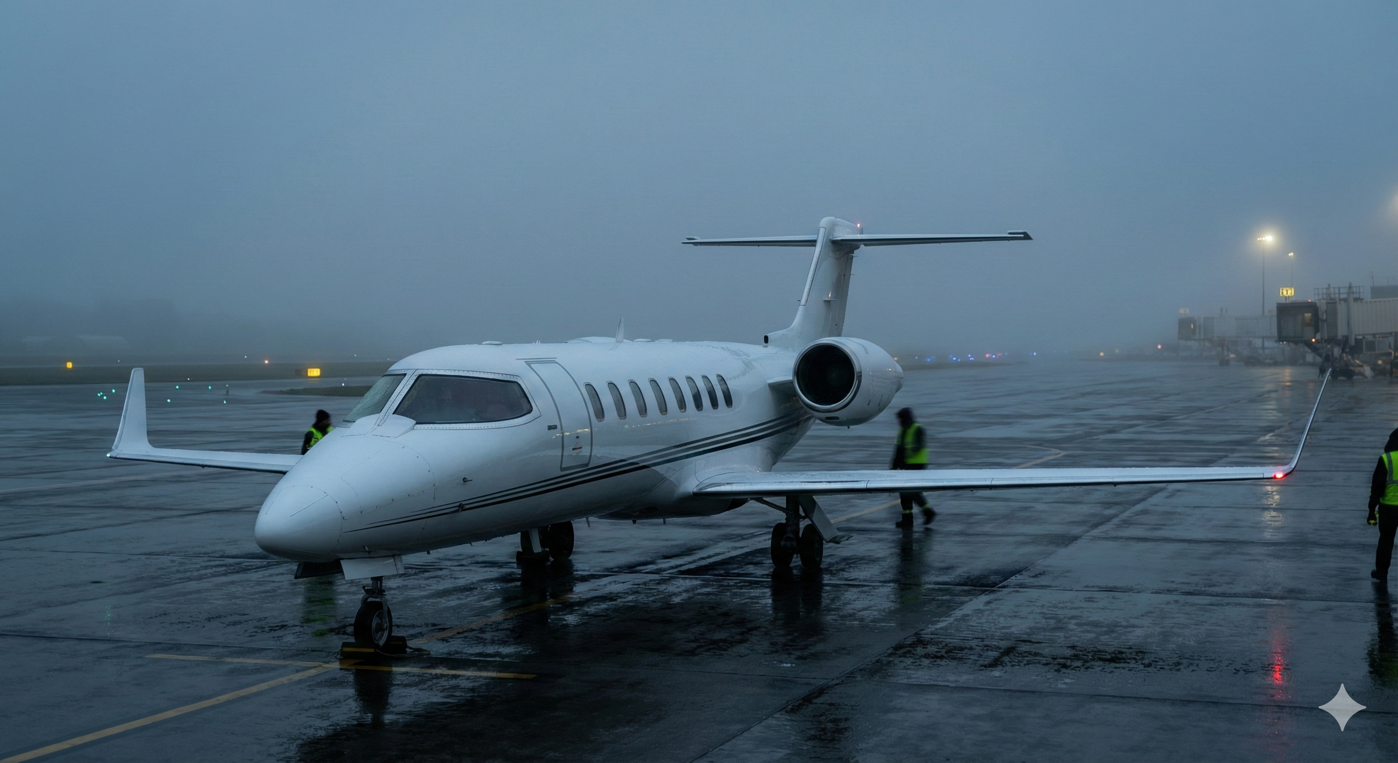Learjet on runway in fog